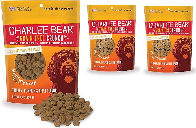 Charlee Bear Dog Training Treats for Small, Medium & Large Breeds, Crunchy Low Calorie Grain Free Dog Treats, USA Made, Chicken, Pumpkin & Apple, 3 Pack, 8oz Each