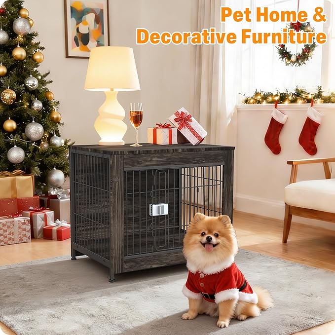 Furniture Style Dog Crate, 27" Wooden Dog Kennel End Table with Solid Top, Indoor Pet Crate House with Secure Slide Lock, Modern Dog Cage Furniture for Small & Medium Dogs, Rustic Brown