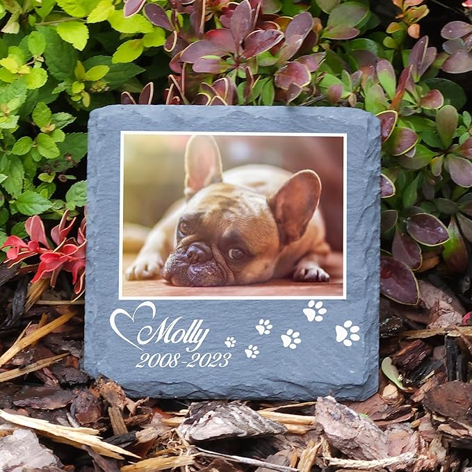Personalized Individual Square Memorial Plaque + Stand for Pet Cat Dog Slate Stone Frame Paw Grave Marker - Size 3.94" x 3.94" or 100 x 100 mm - Photo and Paw Print
