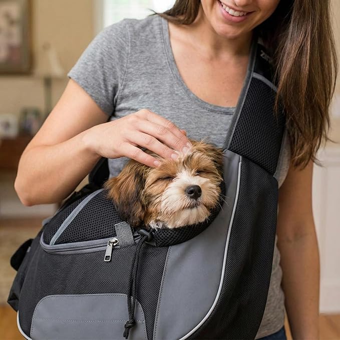 Hands-Free Sling Pet Carrier for Cats and Small Dogs up to 12lbs – Travel Set Includes Foldable Water Bowl & ID Card – Breathable Mesh, Safety Hook & Adjustable Padded Strap for Walking & Travel