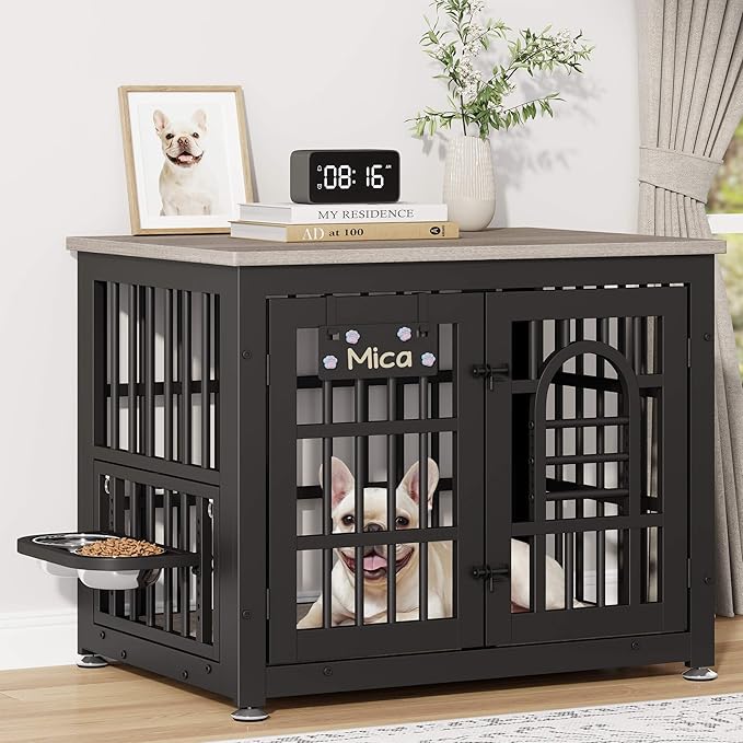 Dog Crate Furniture with Name Tag, Dog Kennel Indoor with 360° Rotating Feeder and Adjustable Heights Bowls, Wooden Decorative Pet Cage End Table for Small Dogs, Grey 31.5" L