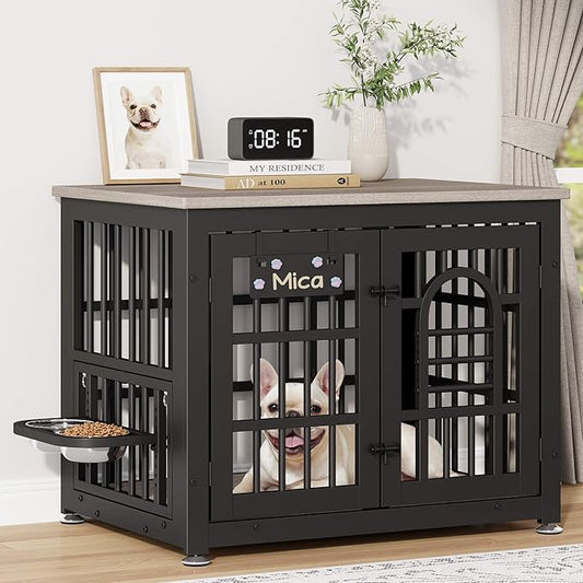 Dog Crate Furniture with Name Tag, Dog Kennel Indoor with 360° Rotating Feeder and Adjustable Heights Bowls, Wooden Decorative Pet Cage End Table for Small Dogs, Grey 31.5" L
