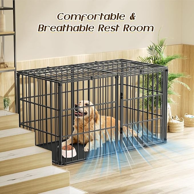 Pawaboo Heavy Duty Dog Crate, 56 inch Large Metal Dog Cage, Thickened Anti-bite Dogs Kennel with Mat, Dogs Playpen with Secure Top, Pet Cage Crate with Lock Door, Black