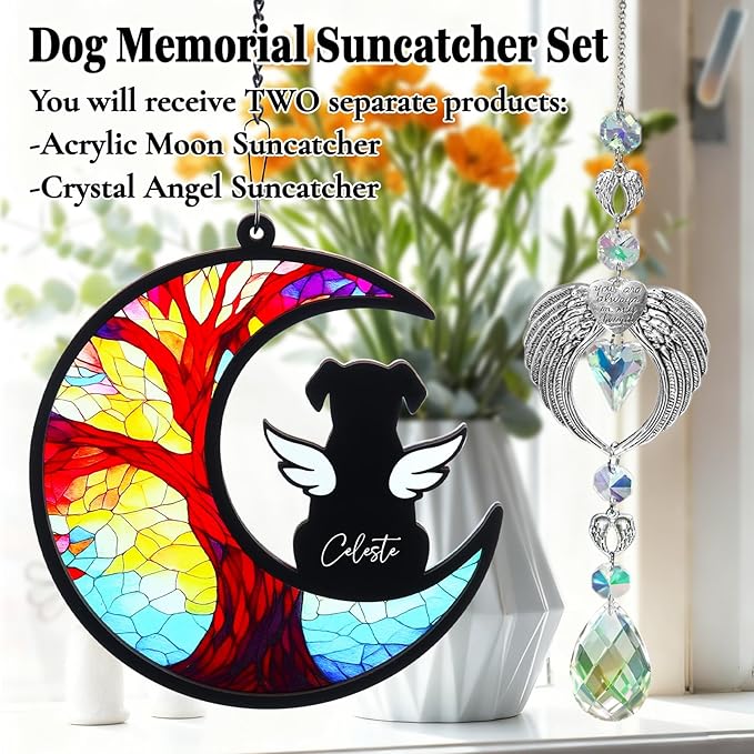 Dog Memorial Gifts - Memorial Suncatcher Set with Acrylic & Crystal Suncatchers, Pet Loss Sympathy Gift (Angel Dog)