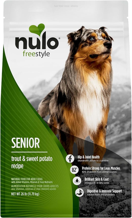 Nulo FreeStyle Senior Dry Dog Food - Trout & Sweet Potato, High Protein Grain Free Dog Food, Kibble with Probiotics, Glucosamine, Chondroitin, Hip and Joint Support, Small, Medium, Large Breeds, 26lb