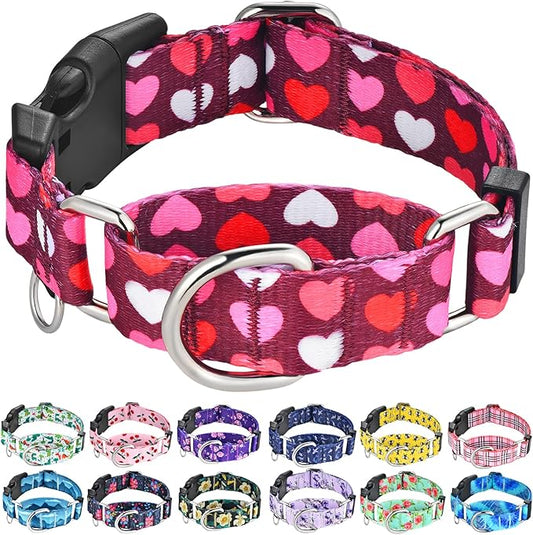 Pink Martingale Collar for Dogs with Buckle Adjustable Heart Valentines Dog Collars (Burgundy Love, Large)