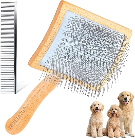 Dog Slicker Brush for Goldendoodles, Poodles & Long Haired Dogs - Long Pin Doodle Brush & Pet Comb Kit Removes Tangles Loose & Knots, Professional Grooming Tools with Wooden Handle, Natural