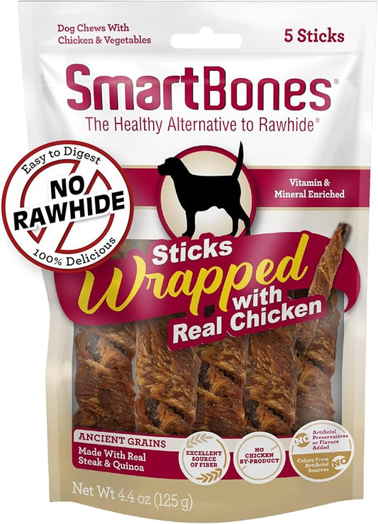 SmartBones Sticks Wrapped with Real Chicken, Steak and Quinoa Rawhide-Free Chews for Dogs, 5 Chews Per Pack, 4.4 Ounces