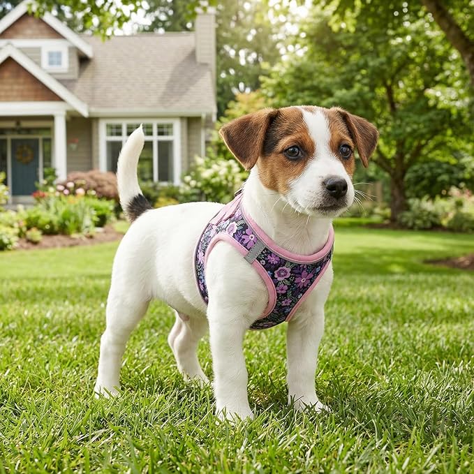 Step in Dog Harness and Leash Set, Reflective Adjustable No Pull Dog Harness for Small Medium Dogs Puppy and Cats, Soft Padded Mesh Vest Harnesses for Girl and Boy Pets(Pink Floral,M)