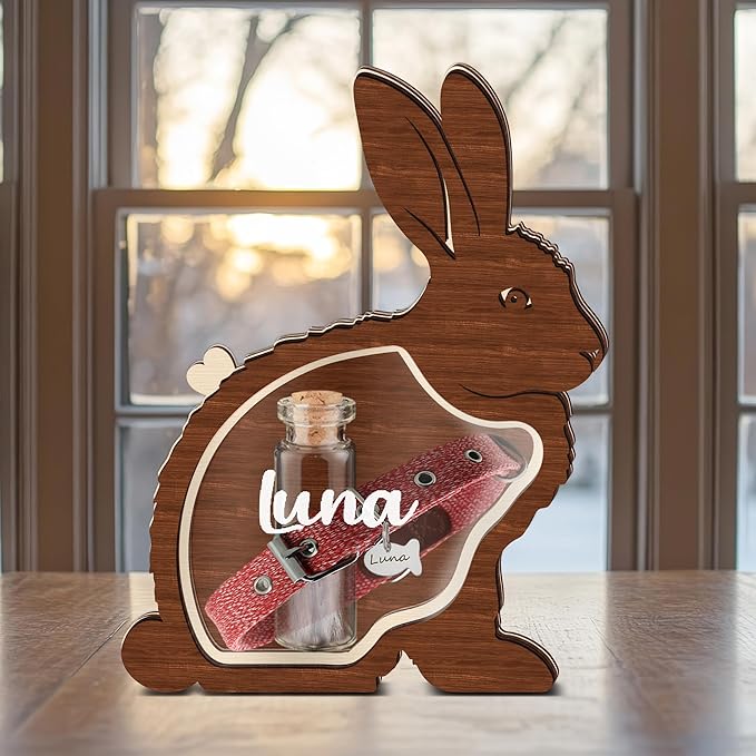Personalized Rabbit Memorial Keepsake Unique Wooden Bunny Fur Box Collar Holder Sympathy Pet Loss Gift Memorial Storing Hair Ashes Standable Tabletop Decor Gift Idea for Pet Lover Family Friends