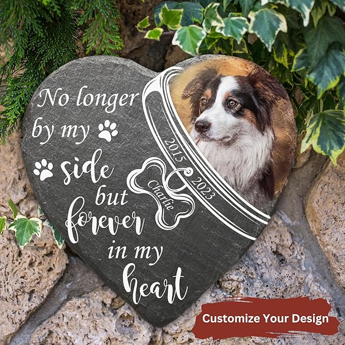 Wrappiness Pet Memorial Stone - Forever in My Heart, Personalized Dog Memorial Gifts, Remembrance Condolences Bereavement Gifts for Loss of Pet Custom Photo (Heart 05, Stone)
