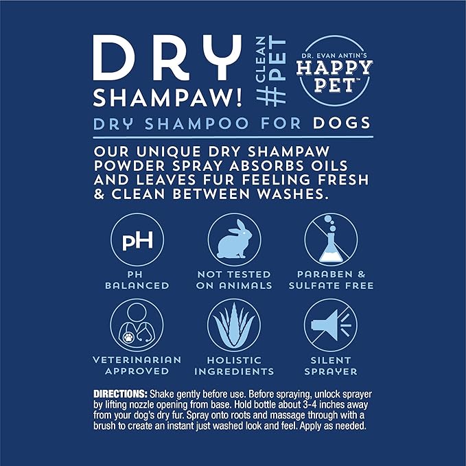 Happy Pet Dry Shampaw! Powder Spray for Dogs | Lavender | Aloe Infused for Soft, Shiny, Hydrated Fur | Absorbs Oils, Fresh and Clean | Veterinarian Recommended | Paraben, Sulfate Free