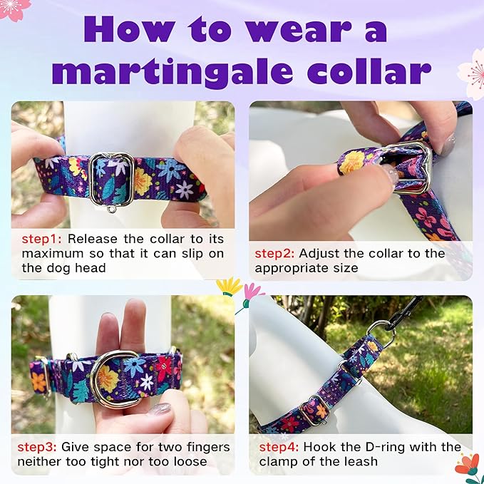 Hikiko Martingale Collar for Dogs with No Buckle Flower Dog Collars Pretty Cute Purple Dog Collar for Extra Small Dogs,Colourful Blossoms,XS