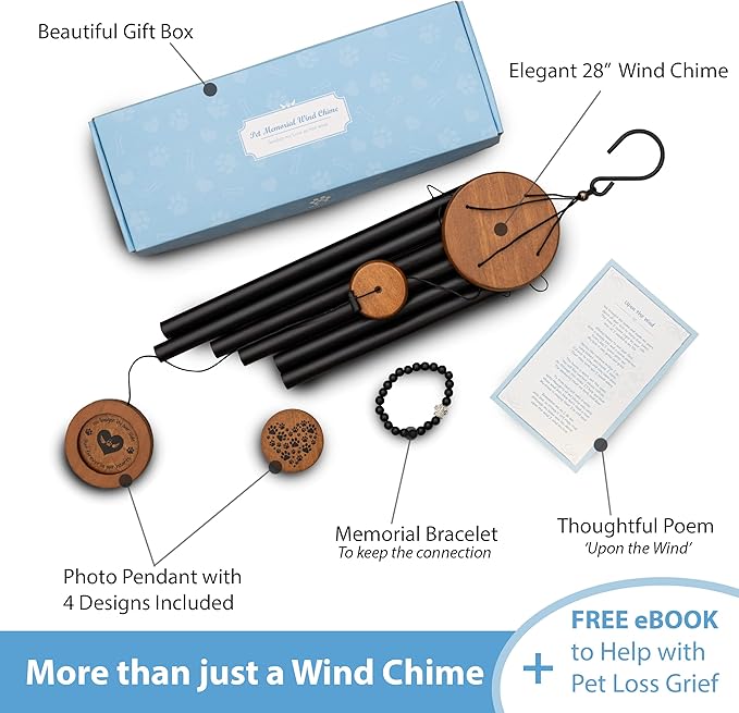 Dog Memorial Wind Chime 28" with 5 Pendant Designs and Comforting Pet Loss eBook- Pet Memorial Gifts-Loss of Dog Sympathy Gift-Dogs Wind Chimes, Remembrance Gift