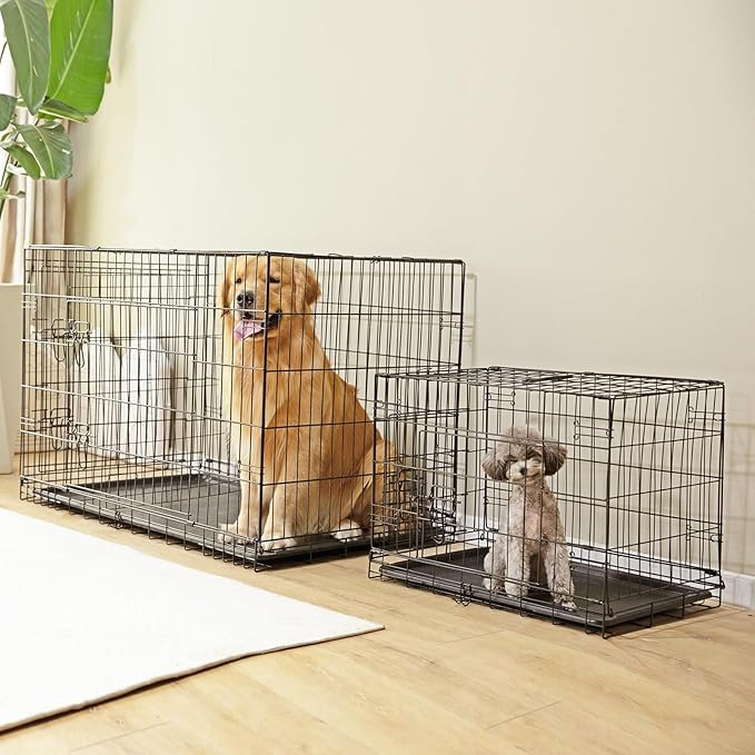 Sweetcrispy 42 Inch Dog Crate, Medium Large Crates Double Door Folding Metal Wire Dog Cage with Plastic Leak-Proof Pan Tray, Pet Kennel for Indoor, Outdoor, Travel