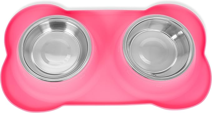 Internet's Best Bone Dog Bowl Set | Double Stainless Steel Pet Food Large Water Bowls | No Spill Silicone Stand | Large Medium Breeds | Pink