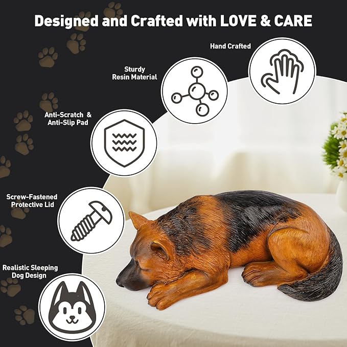 VIPbuy Dog Urn for Ashes - Pet Memorial Cremation Urn, Wooden Carving Style Resin Handcrafted German Shepherd Figurine, Pet Loss Sympathy Gift Home Decor
