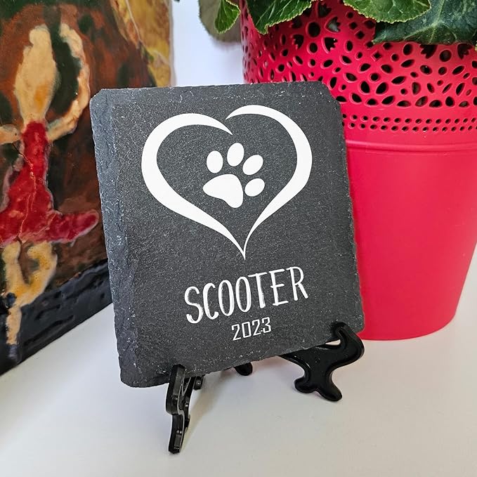 Personalized Individual Square Memorial Plaque + Stand for Pet Cat Dog Slate Stone Frame Paw Grave Marker - Size 3.94" x 3.94" or 100 x 100 mm - Heart