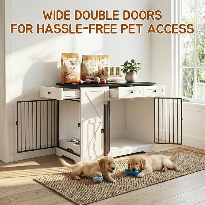 Dog Crate Furniture for Medium Large Dogs, Double-Door Kennel with Removable Bowls, Indoor Wooden Storage Drawers Heavy Duty Dog House Cage