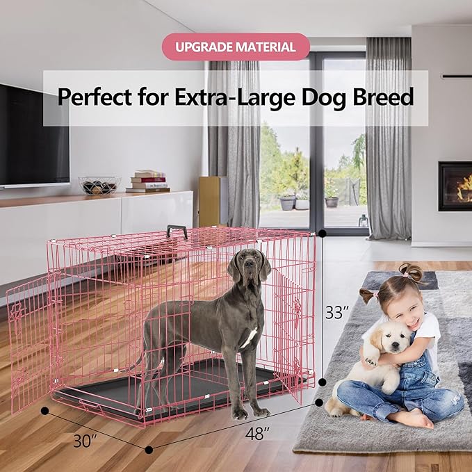 Foldable Double Door 48" Dog Crate with Leak-Proof Tray & Portable Dog Cage for Large Dogs - Collapsible, Indoor