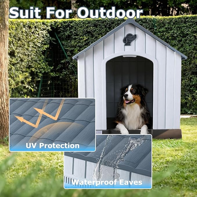 LEMBERI Durable Waterproof Plastic Dog House for Small to Medium Sized Dogs, Indoor Outdoor Doghouse with Air Vents and Elevated Floor, Easy to Assemble (Gray, 33.5" L x 31.5" W x 33.9" H)