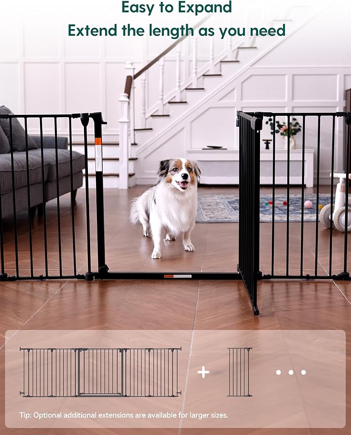 Babelio 72" Extra Wide Baby Gate, 30" Tall Auto Close Dog Fence for Stairs Kitchen Doorways Fireplace, Hardware Mounted Pet Gate Indoor, Foldable 3 Metal Panels, Black