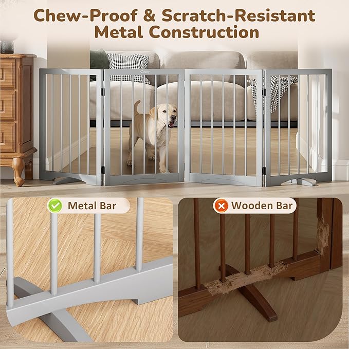 Free Standing Dog Gate Indoor, Foldable Dog Gate for Doorways Stairs Hallways,4-Panel Freestanding Pet Gate with Support Feet for Stability, Folding Puppy Gate Easy to Move, Doggy Gate 72"x24"