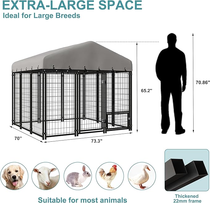 73"x70" Dog Kennel Outside, Large Outdoor Dog Kennel with Feeding Door and Double Lock, Heavy-Duty Weatherproof Dog Cage and Dog Fence with Roof, Outdoor for Large Dogs, Easy Assembly