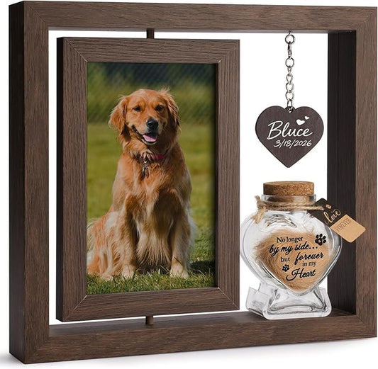 Dog Memorial Gifts for Loss of Dog – Rotating Wooden 4x6 Picture Frame with Fur Keepsake Jar & Writable Name Card, Pet Remembrance Sympathy Gift for Dog & Cat Lovers (Brown)