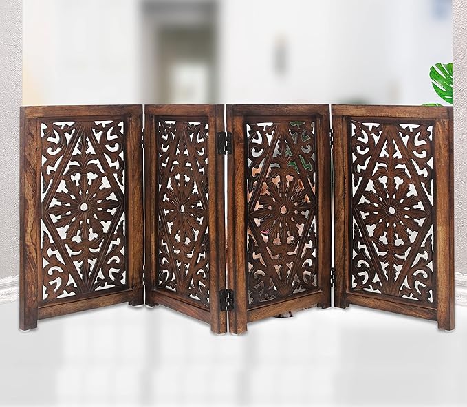 Wooden Foldable Dog Safety Gate - 4 Panels 13" W x 25" H - Hand Carved Solid Wood MDF Puppy Pet Gate - Free Standing Portable Indoor Doorway Stairs Safety Fence - Assembled - Antique Brown - IRONGATE