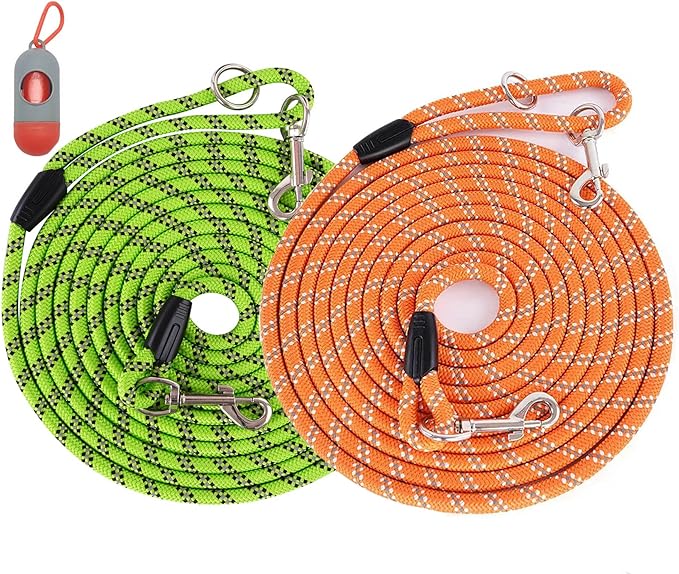 Lanwandeng (2 Pack) Long Dog Leashes for Training 15FT/30FT/50FT, Rope with Reflective Thread Large Medium Small Dogs, Tie-Out Cable Lead Hunting, Camping&Backyard, 2Pack Orange&Green (LDL-O&G50FT)