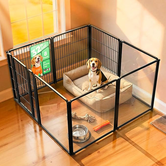 FXW AuraSpace Pro Acrylic & Wire Mesh Indoor Dog Playpen, 32" Height 8 Panels Metal Dog Pen for Small and Medium Dogs, Black│Patented