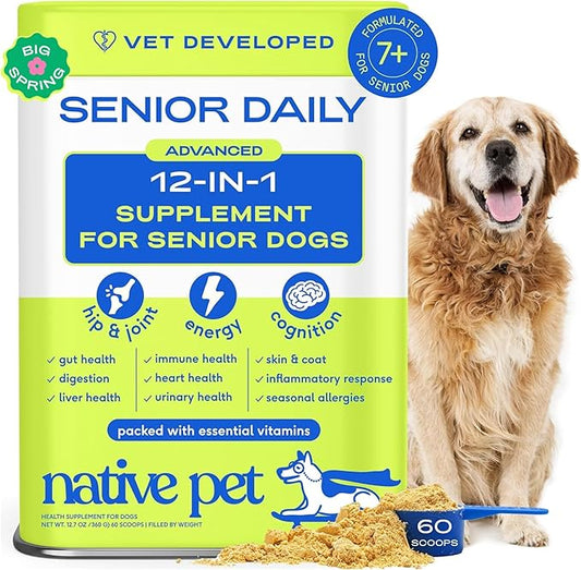 Native Pet Senior Daily Dog Vitamins & Supplements – 12-in-1 Dog Multivitamin Powder for Senior Dogs – Supports Mobility, Cognition, Digestion, Immune Health & More – 60 Scoops