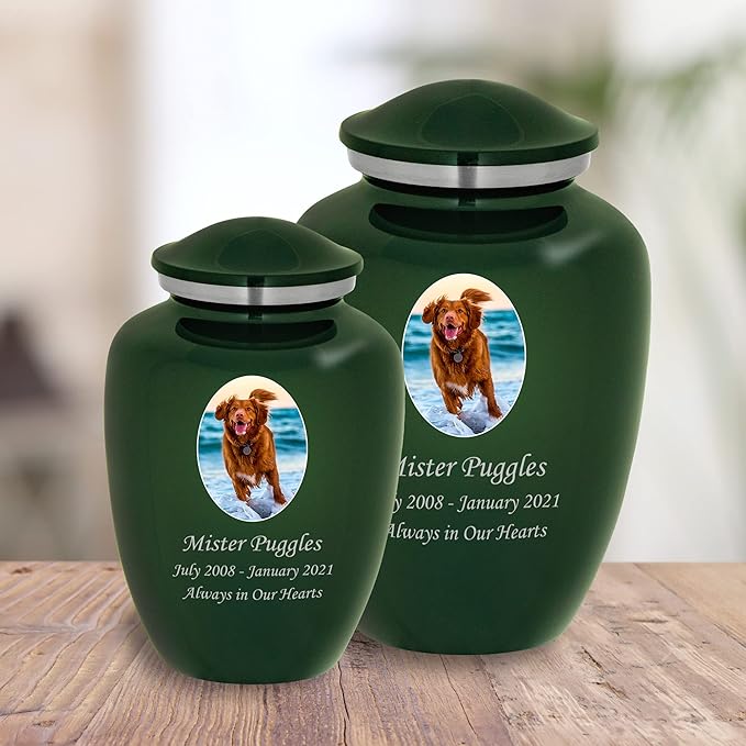 Homage Medium Custom Photo Pet Cremation Urn for Pet Ashes - Vase Style Pet Urn - 80 Cubic Inch Capacity - Personalization Included (Emerald Green)