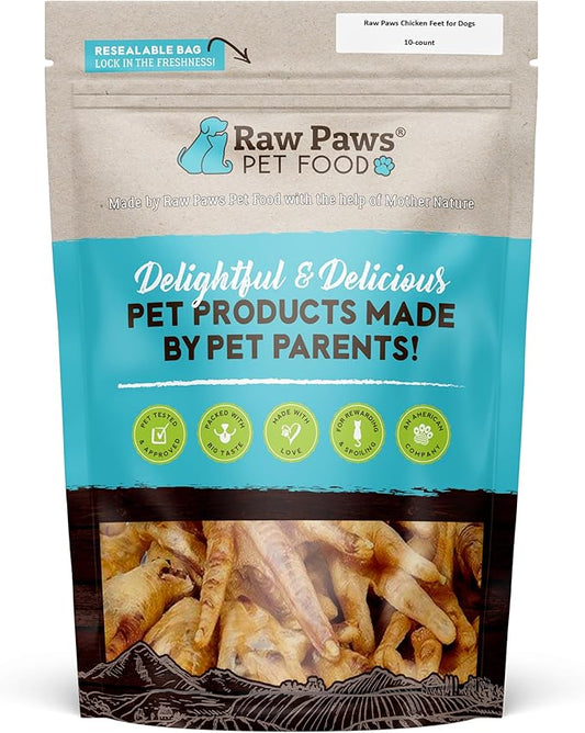 Raw Paws Dried Chicken Feet Dog Treats (10 Count) - Packed in USA - Dehydrated Chicken Feet for Dogs - Natural, Single Ingredient Chews