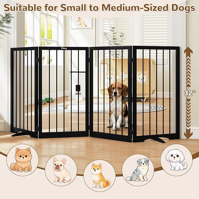 32" Extra Tall Freestanding Dog Gate, Foldable Pet Gate for Doorways Stairs Hallways, 4-Panel Dog Fence with Support Feet for Stability, Folding Puppy Gate Easy to Carry No Drilling 72"x32"