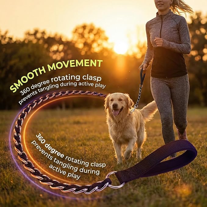 Chew Proof Metal Dog Leash with Built-in P-Chain Collar - 2FT/4FT for Small/Medium/Large Dogs (30-150lb), Anti-Bite Chain Link with Soft Padded Handle, 360° Rotating Clasp Black