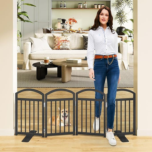 Snughome Short Dog Gate Indoor, 19.69" H Freestanding Small Dog Door Gates with Support Feet, Expands Up to 48" Wide Foldable Pet Gates for Doorway, 4 Panel Folding Pet Door Pet Fence for Puppy, Black