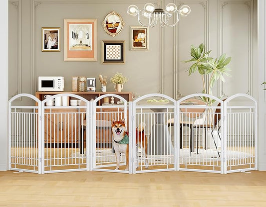 Folding No-Assembly Metal Freestanding Dog Gate with Door Walk Through,32" Height Pet Fence,144" Extra Wide Accordion Puppy Folding Playpen for Doorways,House,Stairs (6 Panels,White)