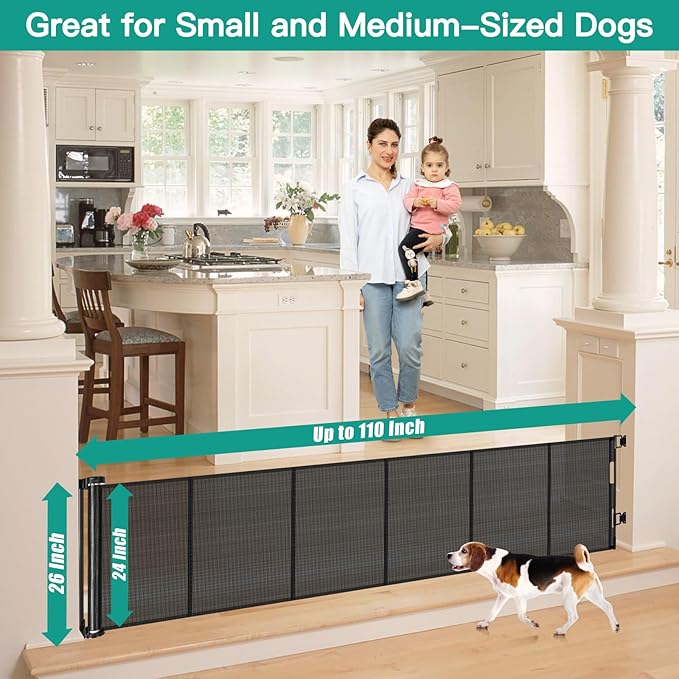 24 Inch Tall x 110 Inch Extra Wide Retractable Dog Gate for The House, Short Baby Gate to Step Over, Reinforced Mesh Puppy Gate for Doorways, Step Over Pet Gate for Stairs, Indoor/Outdoor, Black