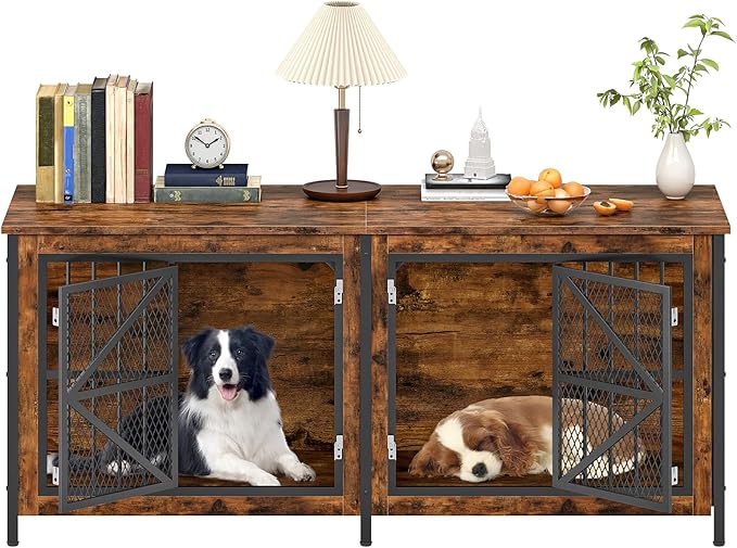 71 Inch Double Dog Crate Furniture for 2 Dogs, Wooden Dog Crate End Table for Medium/Large Dogs, Dog Kennel Furniture with Divider & Double Metal Doors, Rustic Brown and Black TGW02BF