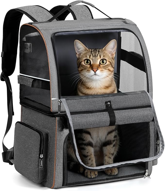 Lekebobor Double Cat Backpack Carrier for 2 Cats, Double-Compartment Pet Carrier Backpack for Two Small Cat or One Medium Cat, Cats Carrier Backpack Dog Carrier Backpack Fits Up to 24 Lbs,Grey
