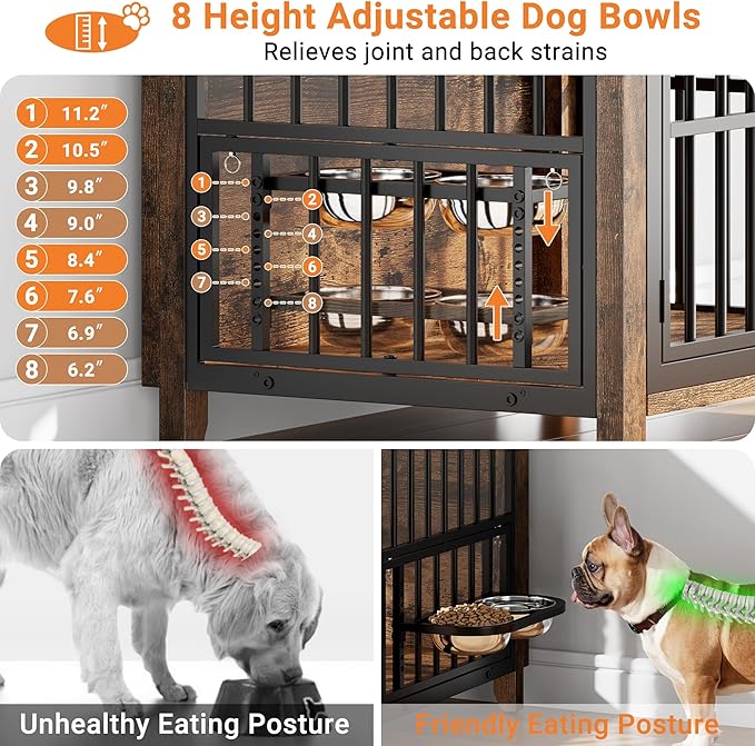 31.5" Dog Crate Furniture, Wooden Dog Kennel Indoor with 360° Rotating Feeder and 2 Adjustable Bowls, Decorative Side End Table Dog Cage for Medium and Small Dogs, Rustic Brown