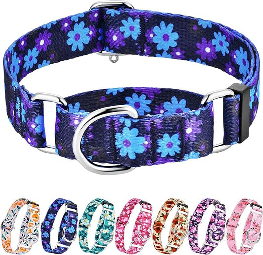 Hikiko Martingale Collar for Dogs with No Buckle Floral Dog Collars Soft Nylon No Slip Dog Collar for Medium Dog,Navy Blue Flower,M