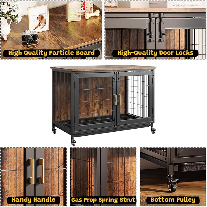 37.5 Inch Wooden Dog Crate with Wheels - Furniture Style Pet Kennel for Small to Medium Dogs Up to 66 Lbs - Multi-Purpose Removable Tray, Decorative Indoor Dog House, Sturdy & Stylish Design