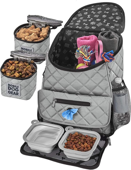 Mobile Dog Gear, Dog Travel Bag, Deluxe Quilted Weekender Backpack, Includes Lined Food Carriers and 2 Collapsible Dog Bowl, Gray