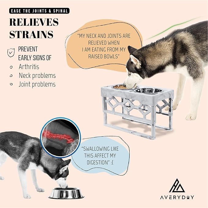 AVERYDAY Elevated Dog Bowls, 4 Height Adjustable Stand for Medium and Large Dogs, Raised Dog Feeder Holder with 2 Stainless Steel Food and Water Bowls, Anti-Slip Base Tall Feeding Station