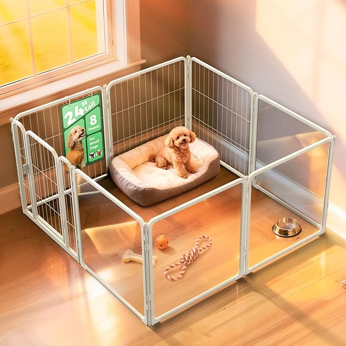 FXW AuraSpace Pro Acrylic & Wire Mesh Indoor Dog Playpen, 24" Height 8 Panels Metal Dog Pen for Puppies & Small Dogs, White│Patented