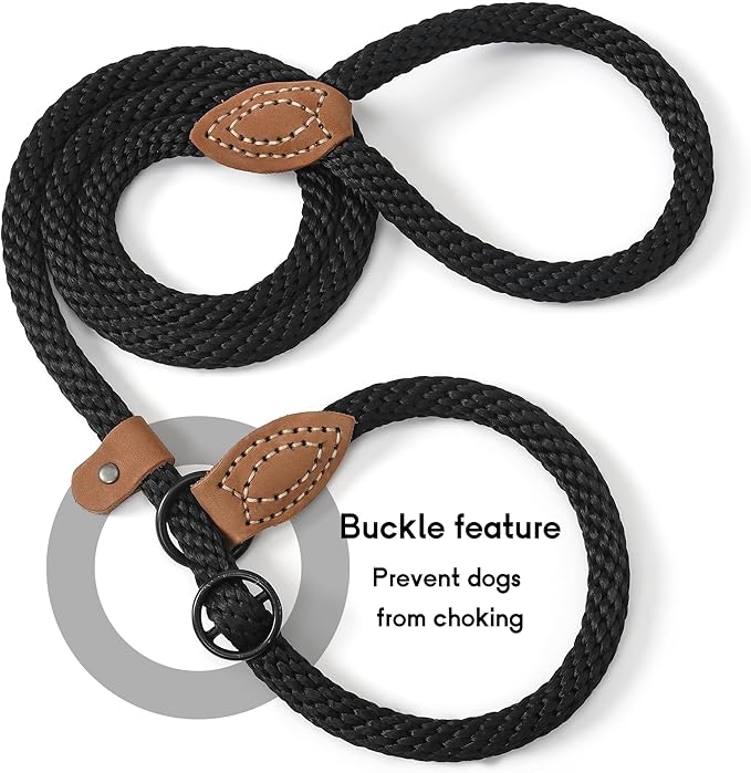 Mile High Life Slip Leads for Dogs | Heavy Duty Dog Training Leash | 5 Feet No Pull Slip Leashes w Leather Tip | Black Rope Lead for Dogs Outside