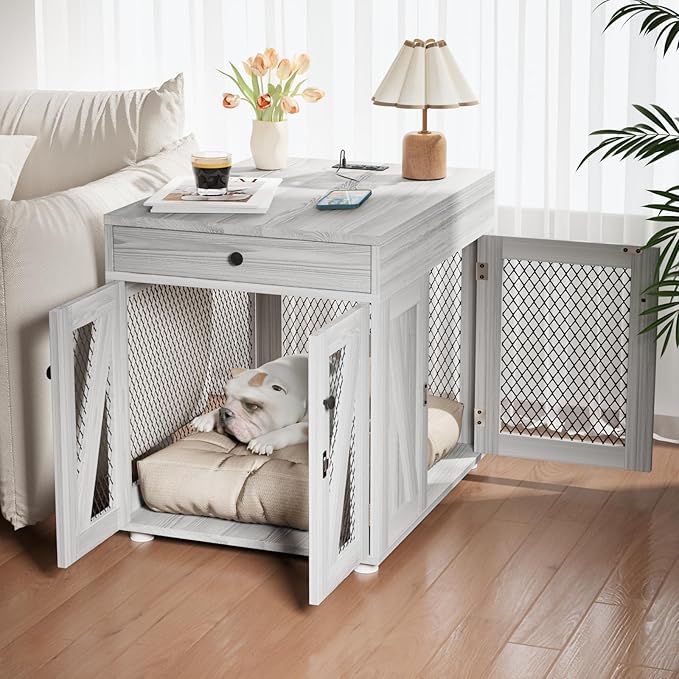 VOWNER Dog Crate Furniture, Wooden Dog Kennel End Table with USB Charging Station, Storage Drawer, Double Latched Door, Furniture-Style Crate Side Table for Medium Dogs Under 40 lbs Indoor, Gray Pine